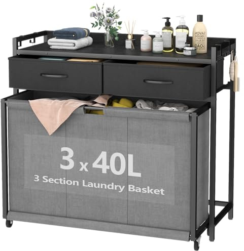 Large Laundry Basket with Wheels & 3 Compartments - 3 x 40L Laundry Sorter Bag for Washing, Dual-Drawer Laundry Storage Hamper, Ideal for Laundry Room, Bedroom, Bathroom (Grey)