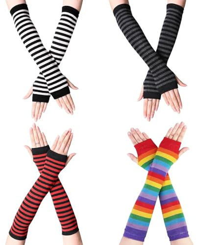 Dolaso 4 Pairs Striped Arm Warmers, Long Fingerless Knitted Gloves with Thumb Hole, Harajuku Kawaii Punk Gothic Arm Sleeves for Women & Men Long Wrist Warmers