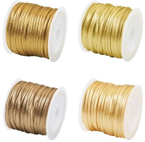 44 mètres de cordon en nylon satiné 2 mm or pour bracelets d'amitié, colliers, fabrication de bijoux, glands et artisanat - Cordon de perlage pour nœuds chinois