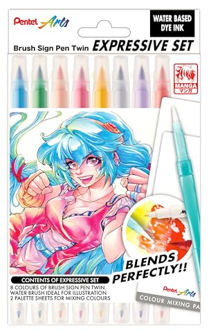 Pentel Brush Sign Pen Twin SESW30C Colouring & Blending Set Manga, Inhalt: 8 Pinselstifte, 1 Wassertankpinsel, 2 Farbmischblätter