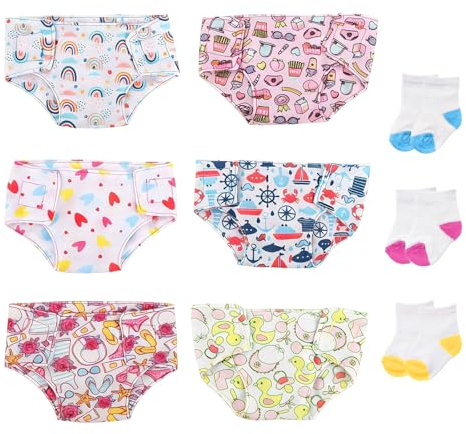 Atomvia 6 Stück Puppenwindeln Set für Baby Puppen 30–43 cm, 6 Wiederverwendbare Puppenwindeln und 3 Paar Puppen Socken, Puppenzubehör für 14–18 Zoll Babypuppen