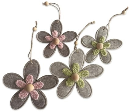 khevga Filzblumen 4er Set – Fensterdeko Frühling & Sommer zum Hängen – Blumen Anhänger aus Filz & Holz, Pastell Rosa Grün, Boho Deko für Fenster, Wand & Geschenk