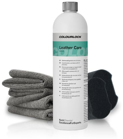 Auto Lederpflege Set | Koch Chemie Colourlock Leather Care Leder Tiefenpflege Seidenmatt 1l + Auftragsschwämme + Mikrofasertücher | Pflegemittel für Autositze Lenkrad Sofa Couch | Ersetzt Leather Star