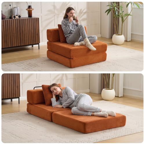 EBELLO Schlafsofa mit Kissen, Boneless Couch, Umwandelbares Bodensofa Bed aus Kord mit Hochdichter Schaumstoff, Cord Sofa mit Schlaffunktion, Keine Montage, Orange