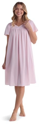 Miss Elaine Nachthemd - Damen Kurzes Trikot-Nachthemd, Flatterärmel und hochwertiger Leichter Stoff, bestickter Ausschnitt, Rose, X-Large