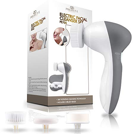 Project E Beauty Elektrisches Gesichtsreinigungsset | 360° rotierende Tiefenreinigung Batteriebetriebener tragbarer Gesichtsreiniger Reinigungsset mit 3 Peeling-Peelingbürstenköpfen Männer & Frauen
