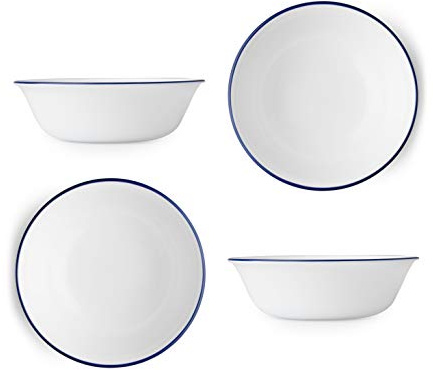 Corelle Livingware Lia - Cuenco para sopa/cereales (453 ml, 4 unidades), color blanco con borde azul cobalto