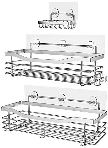 Orimade Duschablage ohne bohren mit Seifenkorb und 5 Haken - Duschregal für die Dusche Badezimmer, Küche Regal Organizer Seifenkorb - Selbstklebend Duschablage ohne Bohren - Edelstahl - 3 Pack