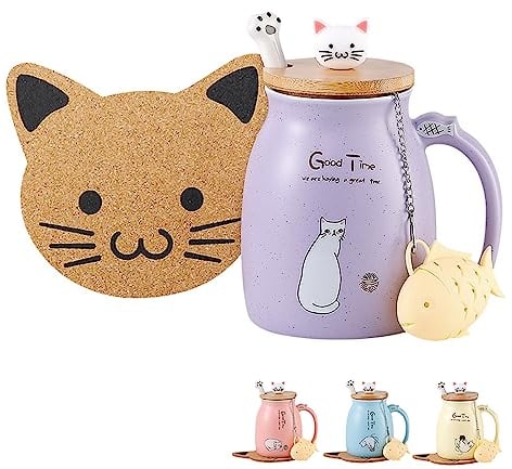 BigNoseDeer Cat Mug Cute Ceramic Coffee Cup with Lovely Kitty lid Spoon,Morning Cup Tea Milk Christmas Mug 380ML