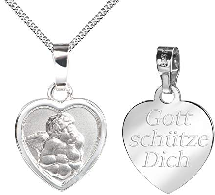 JEVELION Schutz-Engelkette Herz-Anhänger Silber-Anhänger 925 Sterling Silber für Damen, Herren und Kinder mit Gravur Gott Schütze Dich als Kettenanhänger + Schmuck-Etui mit Halskette