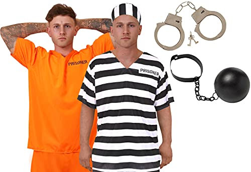 Adults Prisoner Costume - Mens Womens Convict Fancy Dress - Black & White Striped Top, Matching Trousers & Hat, Prop Handcuffs With Ball and Chain - Unisex Tv & Film/halloween Dress Up (Xlarge)