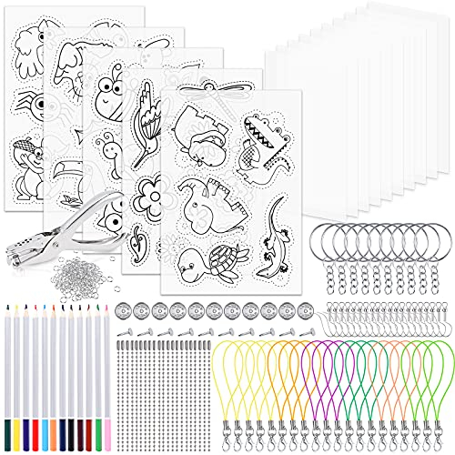 Schrumpffolie Set 218Pcs DIY Bastelset mit A4 Durchscheinend Schrumpffolienplatten A5 Färbung Schrumpffolienplatten Buntstifte Schlüsselring Locher für DIY Geschenk Dekorationen