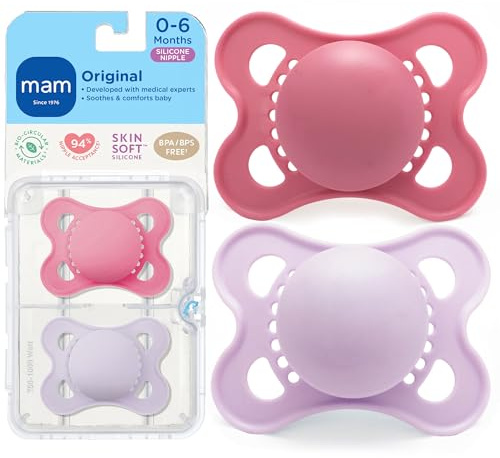 MAM Original Matte Baby Pacifiers 0-6 Months, Binky for Newborn Babies, BPA-Free Skin Soft Silicone Nipple, Easy to Clean, Developed with Medical Experts, 2 Count, With Sterilizer Case, Made in Europe