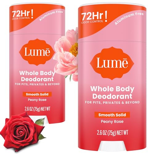 Lume Deodorant für den ganzen Körper, weicher fester Stift, 72-Stunden-Geruchskontrolle, frei von Aluminium, frei von Natriumbikarbonat und sicher für die Haut, 63 ml, Pfingstrose, 2 Stück
