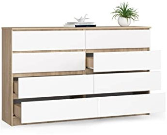 BDW Kommode, 8 Schubladen, viel Stauraum, Kleiderschrank, Flur, Badezimmerschrank, Kommode, Multifunktionsschrank. Abmessungen: 160 x 99 x 40 (Sonoma Eiche - Weiß)