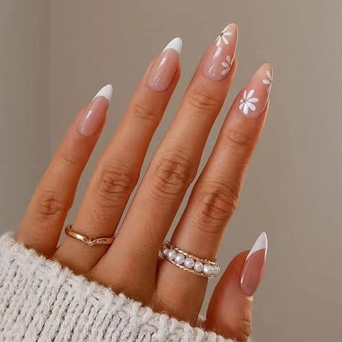 BSLVWG 24 Stück Almond Press on Nails Short, mehrfarbige French Stick on Nails mit Wellenmustern, Nude Swirl False Nails Short für Frauen, ovale Kunstnägel mit Kleber für Nägel Art (09)