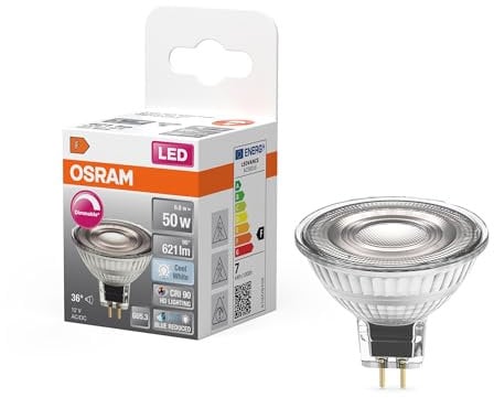OSRAM Superstar dimmbare LED-Lampe mit besonders hoher Farbwiedergabe (CRI90) für GU5.3-Sockel, klares Glas ,Kaltweiß (4000K), 621 Lumen, Ersatz für herkömmliche 50W-Leuchtmittel, dimmbar, 1-er Pack