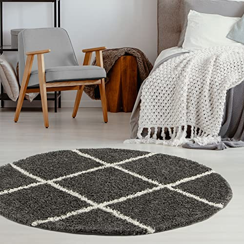 THE RUGS Shaggy Rug – Modern Moroccan Design Rugs for Living Room, Bedroom, Hallway, 3 cm Thick Area Rugs, (Diamond Dark Grey/Ivory, 120cm Round)