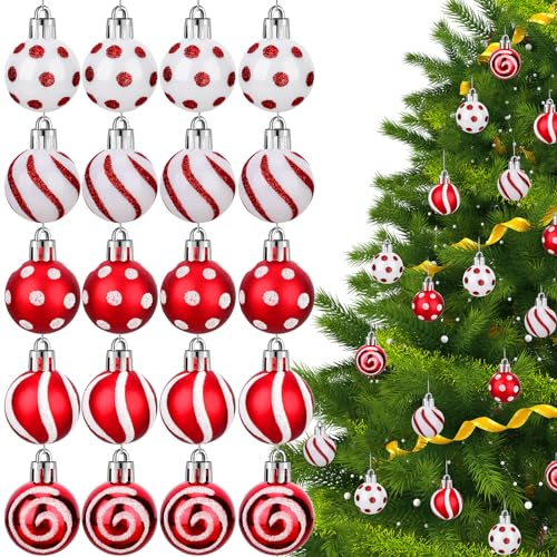Weihnachtskugeln Ornamente Mini Hängende Weihnachtsbaumschmuck Rot und Weiß Weihnachtskugeln Xmas Dekorative Hängende Ornamente mit Aufhängeschlaufe für Urlaub Hochzeit Party (20 Stück, 5,9 cm)