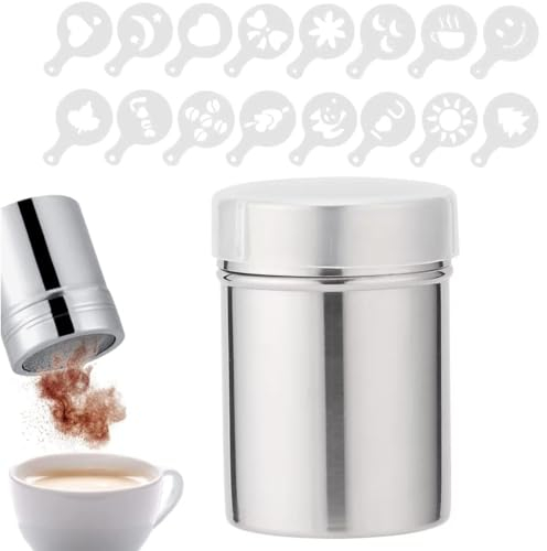 Pubiao Mehl- und Zuckersieb, Edelstahl-Mesh-Deckel, Streuer, Schokolade, Backpulver, Edelstahl-Sprinkler, 16 Schablonen für Kakao, Kaffee, Barista, Zimt