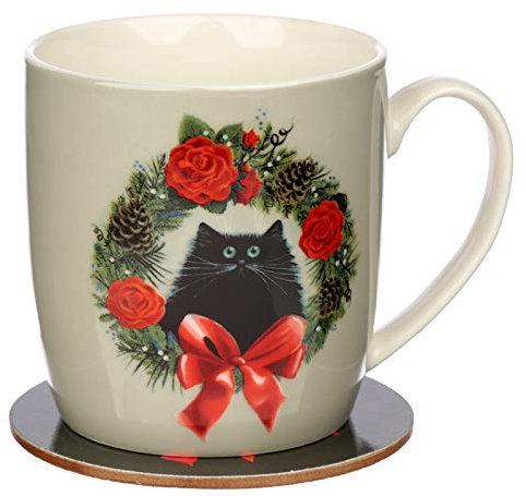 HoitoDeals Christmas Porcelain Mug & Coaster Set Kim Haskins Christmas Wreath Cat For Home, Office, Tea Coffee, Cup Gift Item (2Pcs)