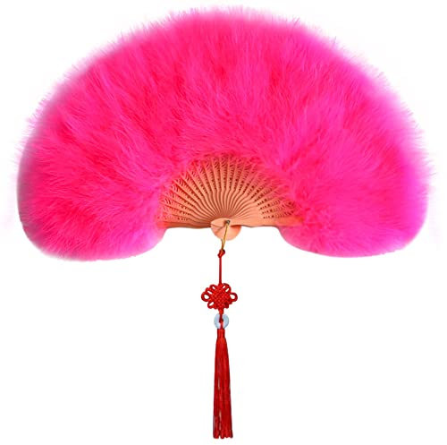 Surakey Folding Fan Feather Fan 20s Vintage Flapper Marabou Hand Fan with Tassels Women Handheld Fan for Costume Dancing Show Tea Party Gifts Wedding Decoration (Rosy)