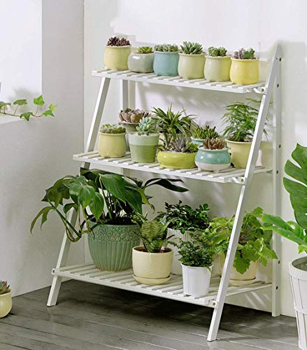 SWEGN Blumenständer-Display – 3-stufiger, rustikaler Holzleiter-Pflanzenständer, zusammenklappbares Blumenregal, für ideale Gärten, Wintergärten, Küchen, Balkone und Terrassen. (Farbe: Blau, Größe