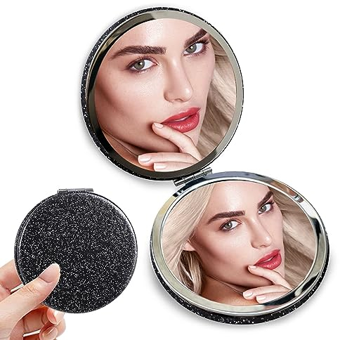2 Stück Tragbarer Taschen Spiegel PU,73mm Kleiner Kompaktspiegel Faltbarer für Handtasche,Reisen,Make-up (schwarz rund)