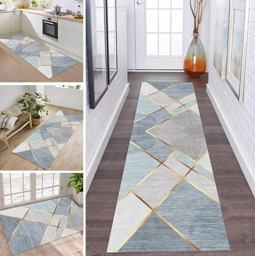 ZDYHMrj Teppich Läufer Flur Grau Blau Gold rutschfest 110x1100cm Korridor Teppichläufer Waschbar Modern Schlafzimmer Wohnzimmer Läufer Teppich Breite 40-120cm