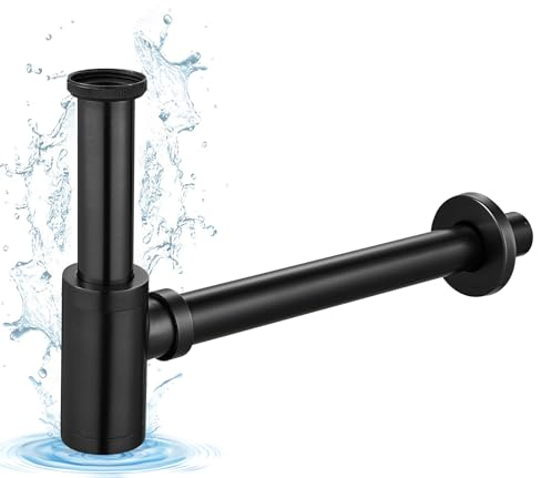 KINKIBOS Messing Siphon Universal für Waschbecken & Waschtisch, Flaschensiphon in 1 1/4 x 32 mm, Abfluss Ablaufgarnitur, Geruchsverschluss mit Reinigungsöffnung Sifon Spülbecken Abflussrohr, Schwarz