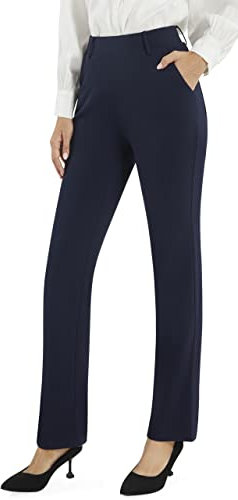 AFITNE Straight Leg Work Trousers for Women UK - Ladies Business Office Casual Bootcut Flared Yoga Pants Pull On Womens Smart Trousers with Pockets - 31 Inches Navy Blue M