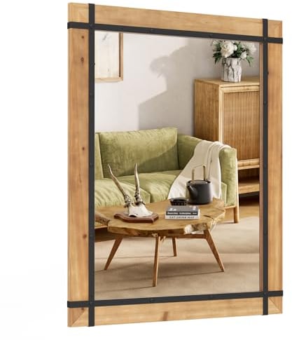 HOMASIS rechteckiger Wandspiegel, 77 x 100 cm groß, dekorativer Spiegel mit Holzrahmen & Haken, rustikaler Hängespiegel, bruchsicherer Holzspiegel Badspiegel für Flur Wohnzimmer Schlafzimmer, Natur