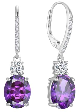 FJ Ohrringe Hängend Oval 925 Sterling Silber Amethyst Ohrringe Februar Geburtsstein Schmuck Geschenke für Damen Frauen Mutter Freundin Mama