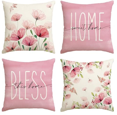 Artoid Mode Klatschmohn Blätter Frühling Kissenbezüge 4er Set, 45x45 cm Home Sweet Home Zierkissenbezug Cushion Cover Couch Wohnzimmer Deko