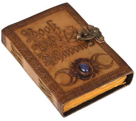 Buch der Schatten Grimoire-Tagebuch - 200 Seiten antikes Büttenrandpapier, dreifacher Mond, Pentagramm, Hexen-Tagebuch mit Ledereinband und Halbedelstein-Verschluss, Vintage-Tagebuch 17,8 x 12,7 cm