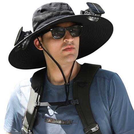 Sombrero de ala ancha para exteriores con 2 ventiladores solares para hombres y mujeres, UPF 50+, sombrero de pesca y playa con ventilador integrado, Negro -, M/XXL