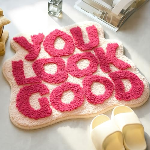 KOEXM Badematte mit Aufschrift You Look Good, niedlicher Badezimmerteppich für Mädchen, lustig, flippiger Teppich, Schlafzimmer, Rosa, adrett, Badezimmer-Dekor, Hallo schön, wunderschöne Badteppiche