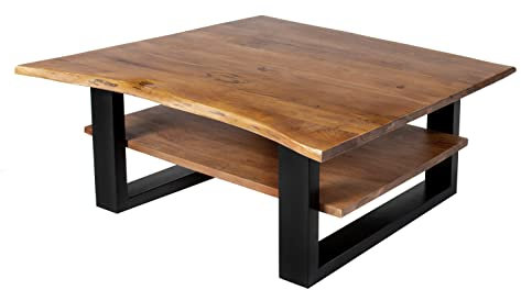 SAM B-Ware Couchtisch 90x90 cm Philipp, Sofatisch mit Ablage, Akazienholz massiv + nussbaumfarben + lackiert, Beistelltisch mit echter Baumkante, U-Gestell Schwarz