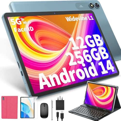 JJGJ Android 14 Tablet mit Tastatur, 10 Zoll mit 24GB+256GB, 1TB Expand, 8-Core, 8000mAh, 5G WiFi, Widevine L1, GMS, Gesichtserkennung, 2 in 1 Tablet mit Tastatur, Maus, Stylus(Rosa)