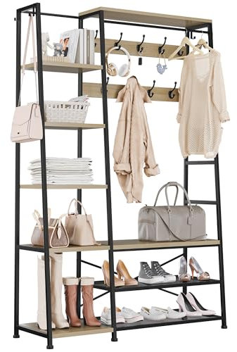 YITAHOME Garderobenständer, Großer Garderobe mit Bank, Industriegarderobe mit Schuhablage, Bodenstehende Kleiderstange mit 9 Haken und 5 Ablagen, Kleiderständer für Flur, Wohnzimmer, Eichenfarbe