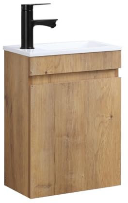 Kometmöbel Gäste-WC Waschtisch Set 40 cm Badmöbel Vormontiert Klein Waschbecken mit Unterschrank (Eiche (mit Wasserhahn Schwarz))
