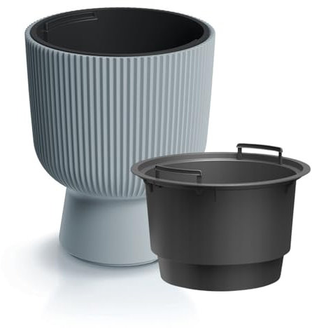 B2C Plant Pots Flower Planter 7 Colours 3 sizes Tall with insert Wavy Plastic Pot Boho Elegant Textured Cylindrical with base indoor/outdoor Modern (Grey, 40cm - 37L)