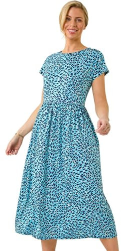 Roman Midi Dress with Pockets for Women UK Ladies Stretchy Jersey Maxi Long Short Sleeve Elasticated Gathered High Waist Boho Flattering Skater Swing Fit Flare - Petite Blue Noir - Size 18
