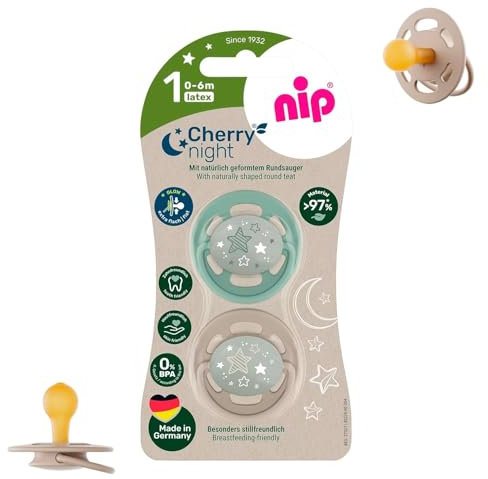 NIP Cherry Rundsauger Schnuller NIGHT 0-6 Monate, Leuchtschnuller, ab Geburt 0+ Monate, STILLFREUNDLICH & NACHHALTIG, leuchtet im Dunkeln, 2er Pack, UNISEX Babies