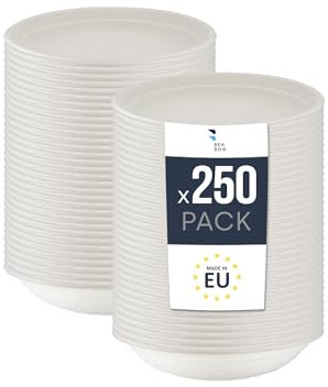 BenBow Einwegschale aus Bagasse 250 x 400ml, einweg suppenschalen, suppenteller, einwegschalen, Biologisch Abbaubar, Hitzebeständig bis 95°C, Ideal für Catering
