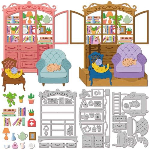 GLOBLELAND Stanzformen Im Retro Bücherregal Design Für DIY Scrapbooking Metallsofa Katzen Stanzformen Bilderrahmen Stanzungen Für Kartenherstellung Prägung Fotoalbum Basteldekor
