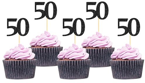 Sotpot 30 Pack Happy 50th Cupcake Toppers 50 Birthday Cake Decorations for 50th Birthday Wedding Anniversary Party Supplies Black Glitter