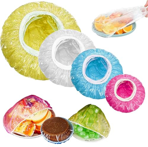 LUKIUP 200 Stück Elastische Frischhaltebeutel, Wiederverwendbar Abdeckhauben für Lebensmittel, wasserdichte Dichtungsbeutel, 4 Größen, Bunt, für Gemüse Frischeschutz, Zuhause, Hotel Duschkappe