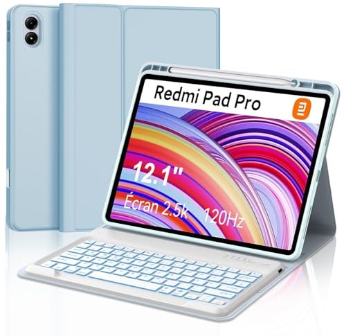 Für Xiaomi Redmi Pad Pro/Xiaomi Poco Pad 12.1 Zoll 2024 Hülle Tastatur | Mit 7 Farben Beleuchtung Magnetisch Abnehmbarer Bluetooth Dünne Tastatur und Soft TPU Hülle für Büro/Studie, Himmelblau