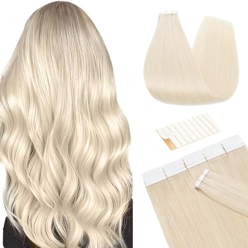 TESS Invisible Tape in Hair Extensions Real Human Hair 20PCS Hair Loss Cover or Highlights Reusable Glue Tape Hair Pieces for Women UK #60 Platinum Blonde 22 Inch 50g